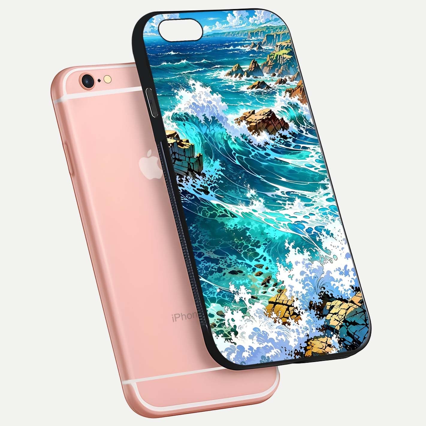 Coastal Blue Waves Glass Case for iPhone 6 Plus floating mockup showing HD reflection and wave details