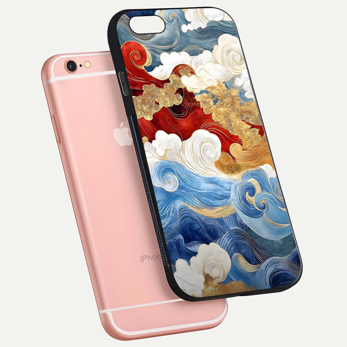 Colored Waves Glass Case for iPhone 6 Plus floating dual-view mockup displaying gloss finish and color contrast