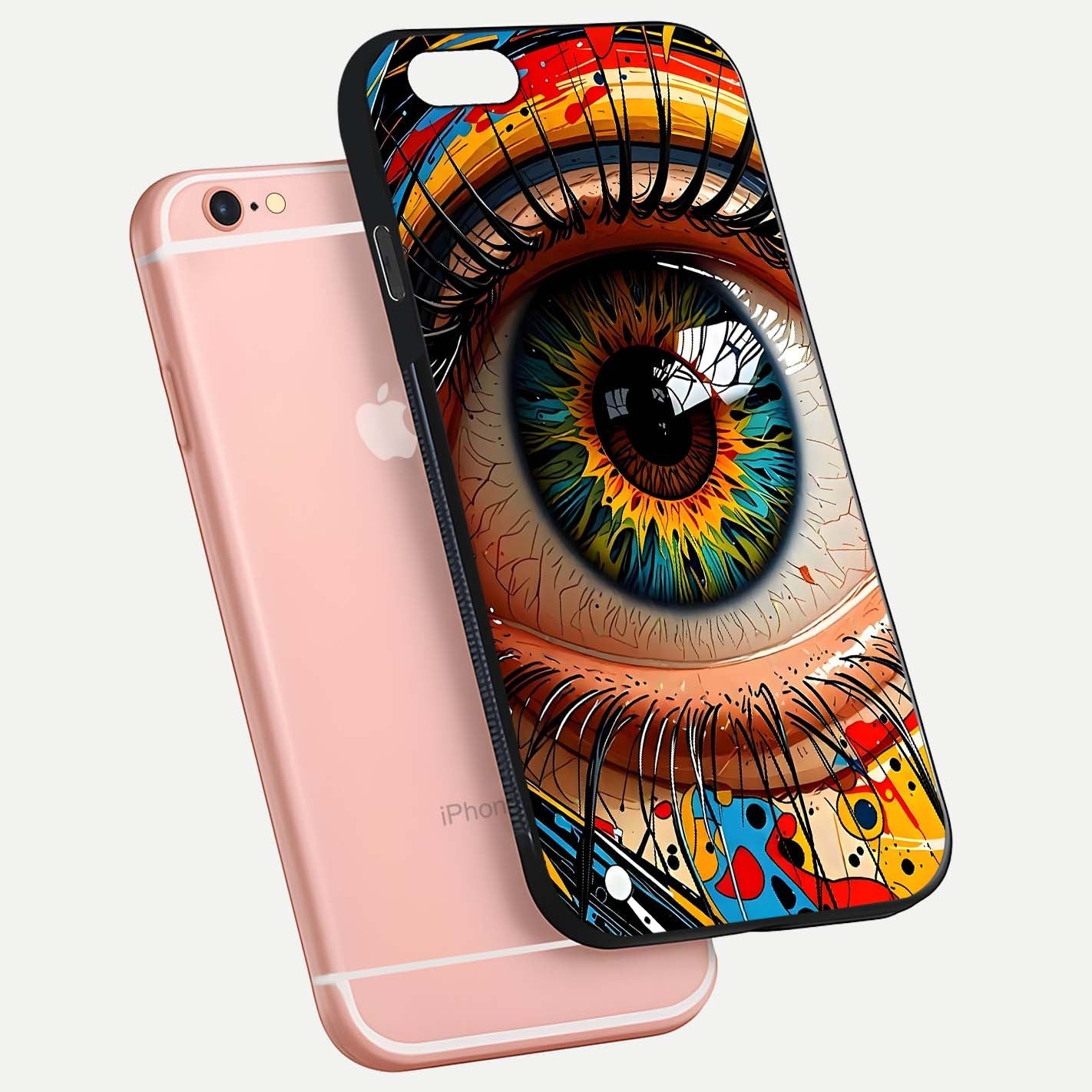 Colorful Eye Glass Case for iPhone 6 Plus floating mockup showing bright contrast and gloss clarity