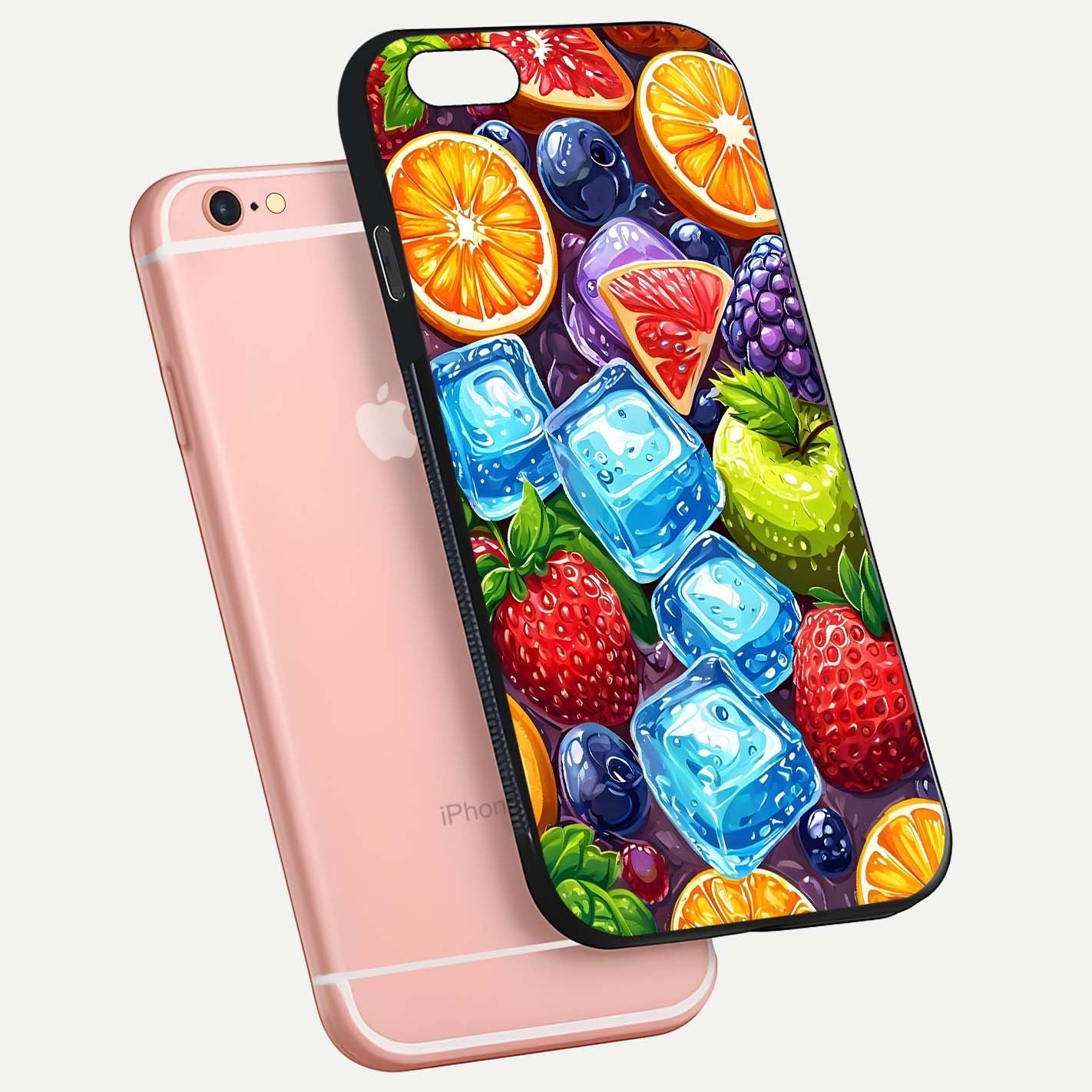 Colorful Fruits with Ice Glass Case for iPhone 6 Plus floating mockup showing bright shine and crystal clarity