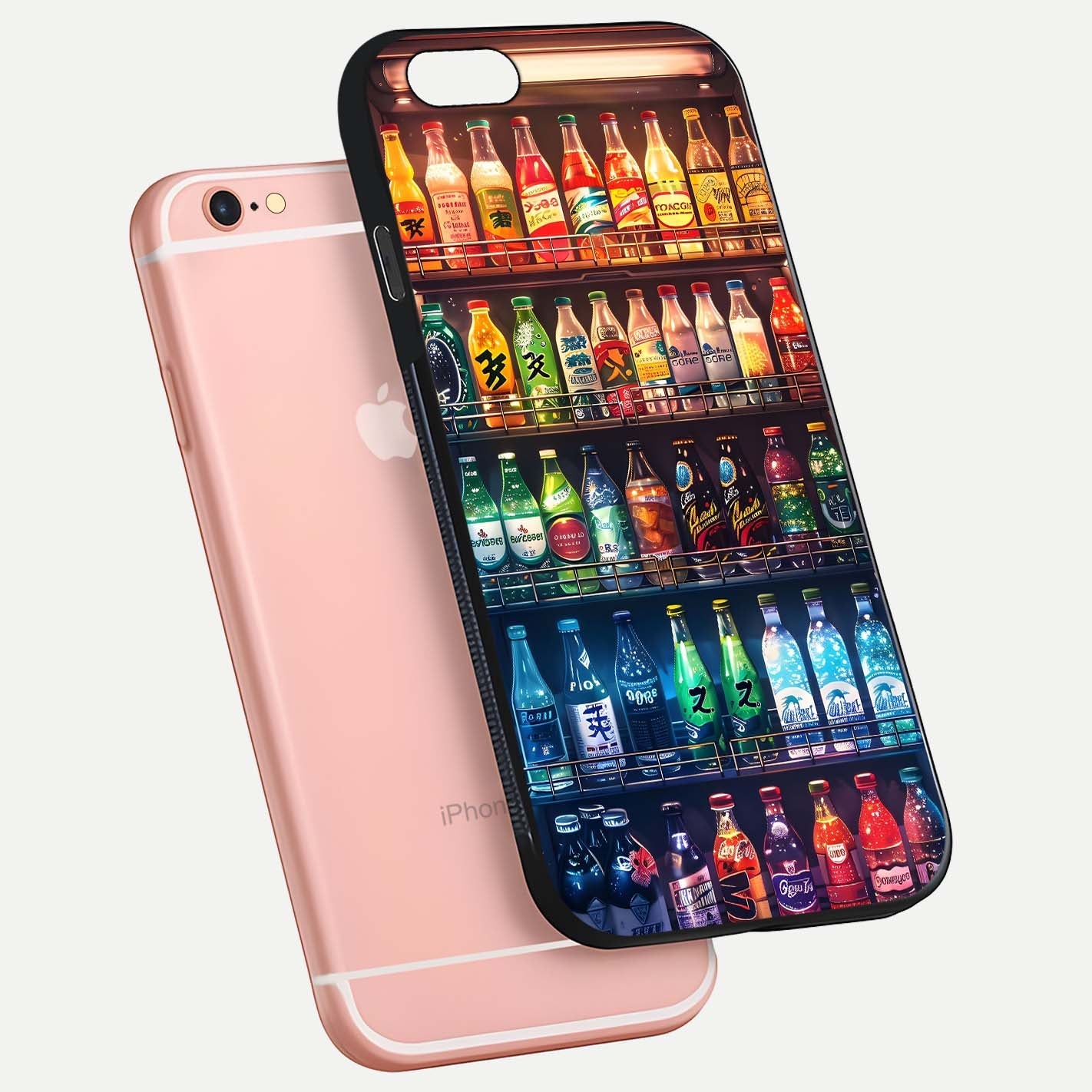 Colorful Soda Bottles Glass Case for iPhone 6 Plus floating mockup showing light reflection and bright gloss