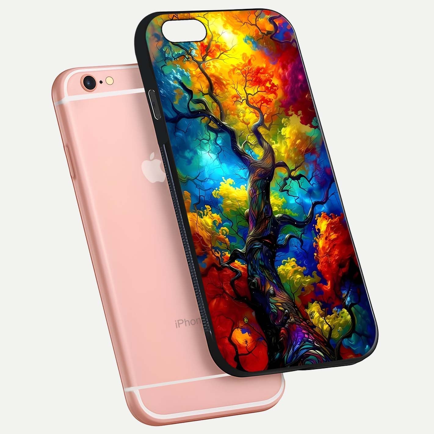 Colorful Tree Glass Case for iPhone 6 Plus floating mockup showing reflection gloss and vivid hues
