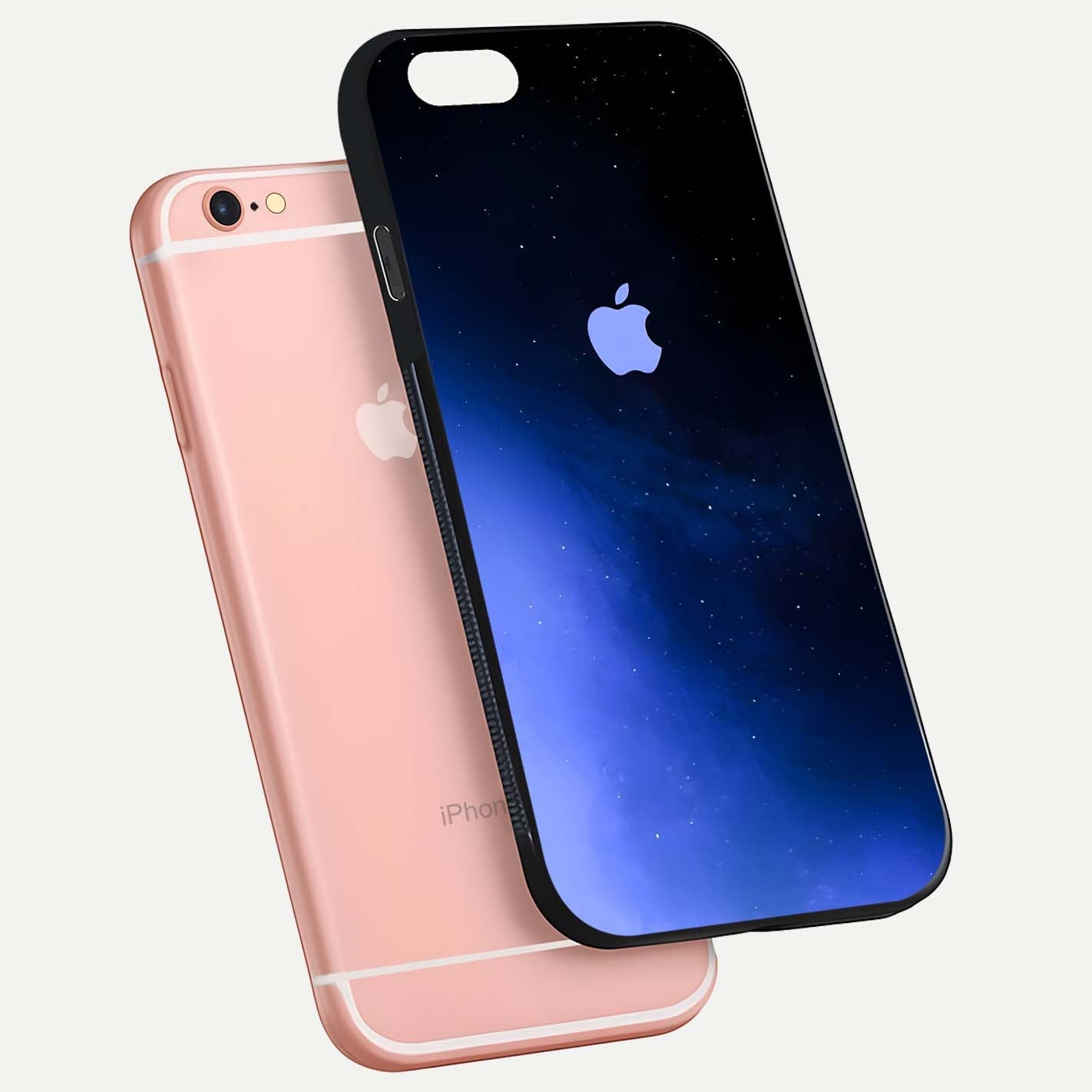 Cosmic Blue Apple Glass Case for iPhone 6 Plus floating mockup showing HD gloss and deep space gradient