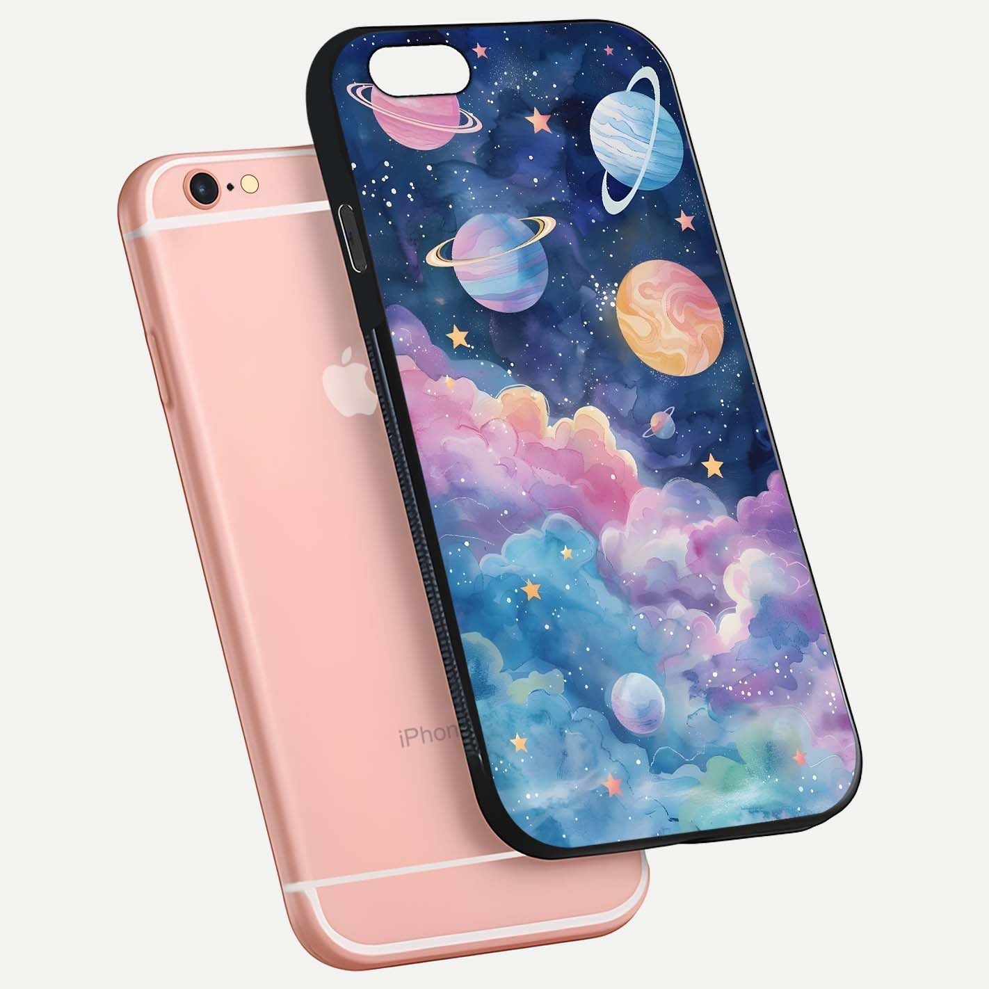 Cosmic Planet Dreams Glass Case for iPhone 6 Plus floating mockup showing HD gloss and cosmic reflection