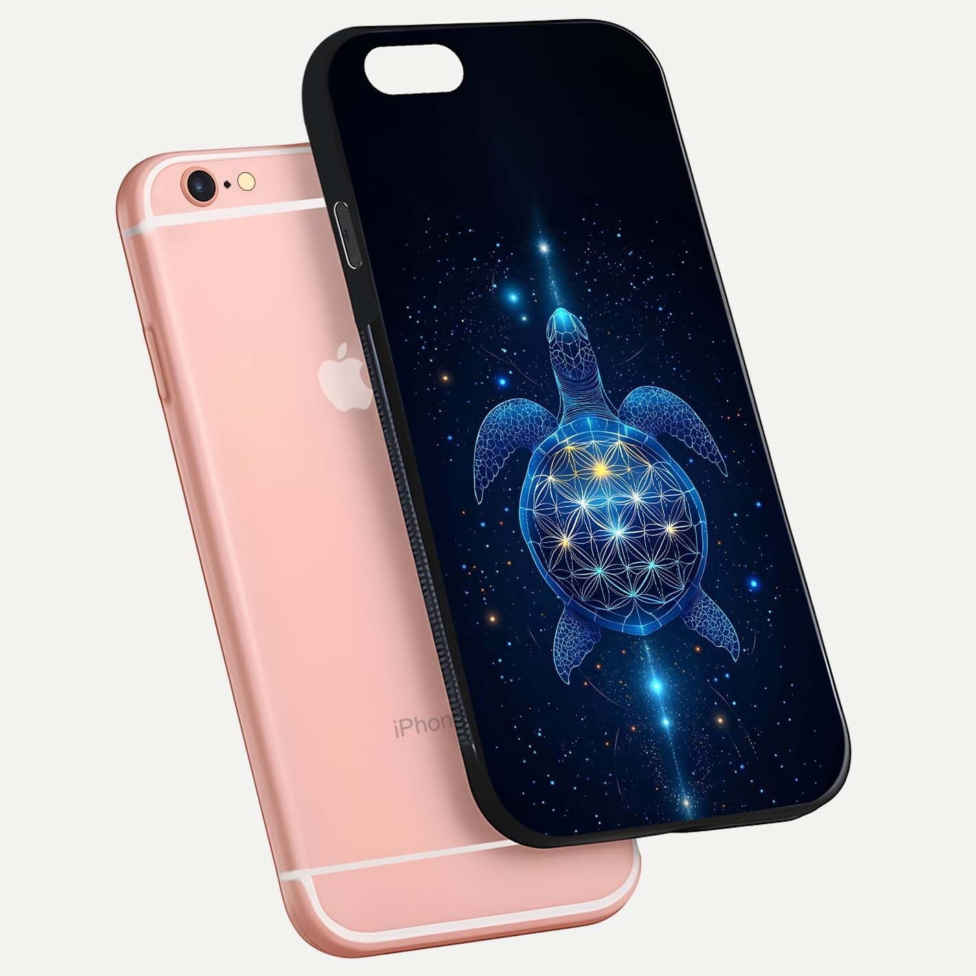 Crimson Blue Turtle Glass Case for iPhone 6 Plus floating mockup showing reflection polish and deep hues