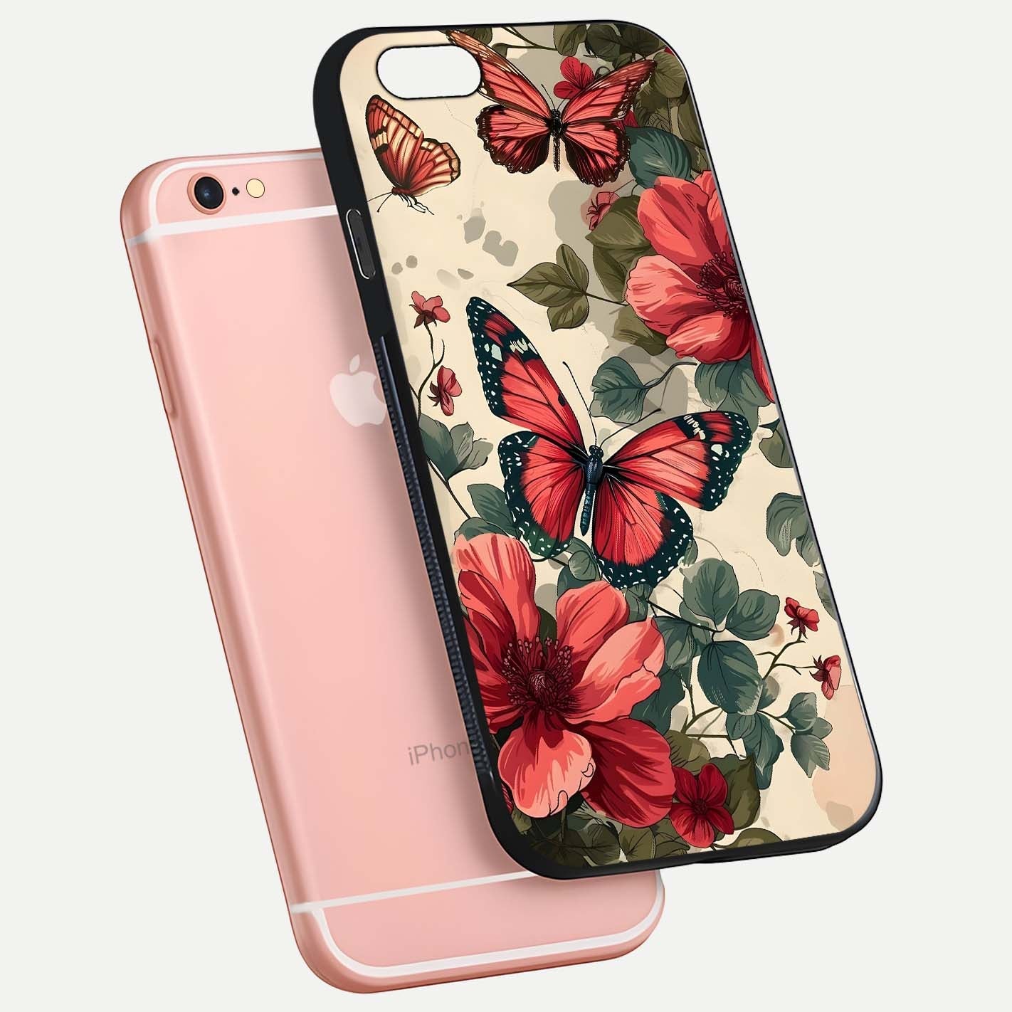 Crimson Butterfly Garden Glass Case for iPhone 6 Plus floating mockup showing HD gloss and vivid art