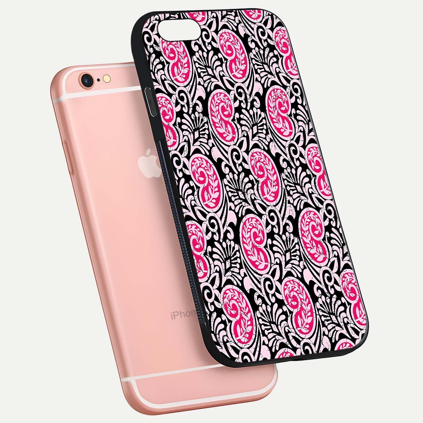 Crimson Paisley Charm Glass Case for iPhone 6 Plus floating mockup showing gloss shine and texture clarity
