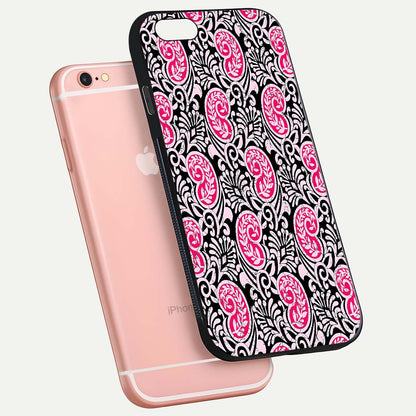 Crimson Paisley Charm Glass Case for iPhone 6 Plus floating mockup showing gloss shine and texture clarity