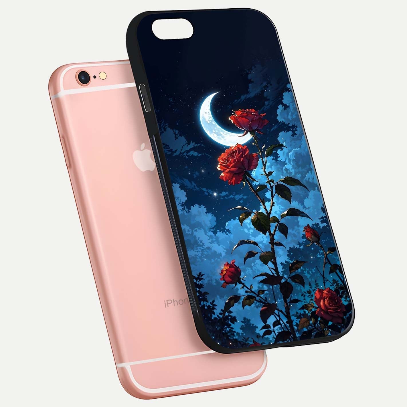 Crimson Rose Moon Glass Case for iPhone 6 Plus floating mockup showing HD shine and elegant contrast