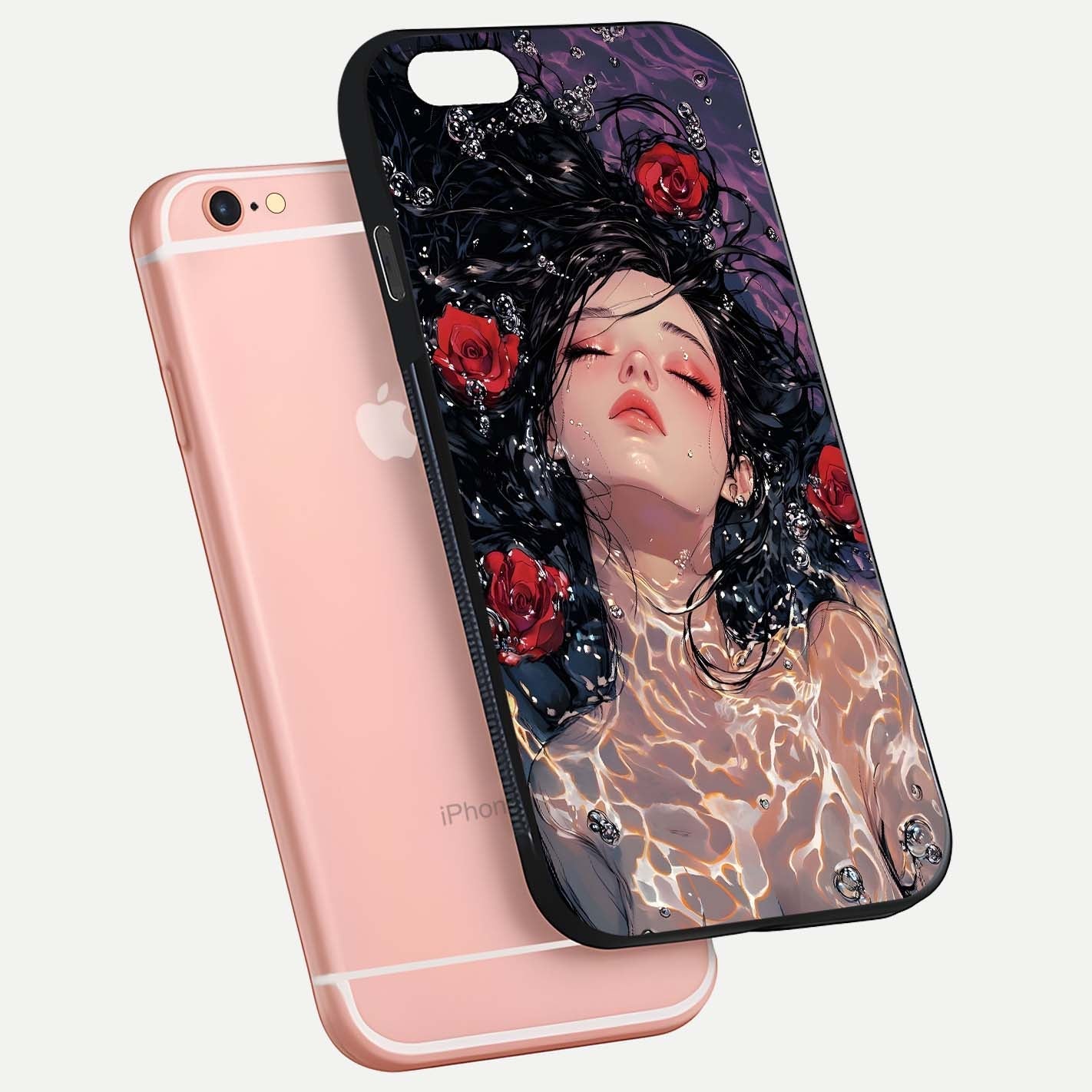 Crimson Rose Serenity Glass Case for iPhone 6 Plus floating mockup showing HD gloss and floral texture