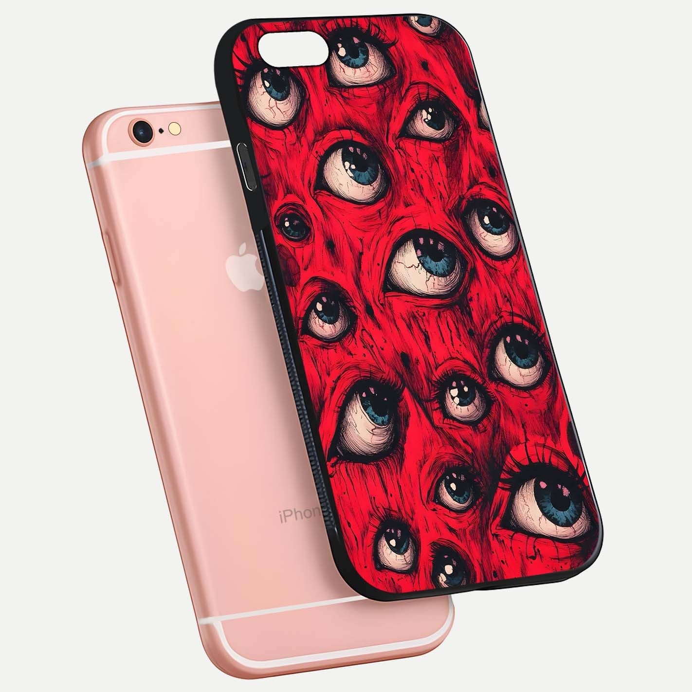 Crimson Watch Eyes Glass Case for iPhone 6 Plus floating mockup showing HD polish and bright gloss