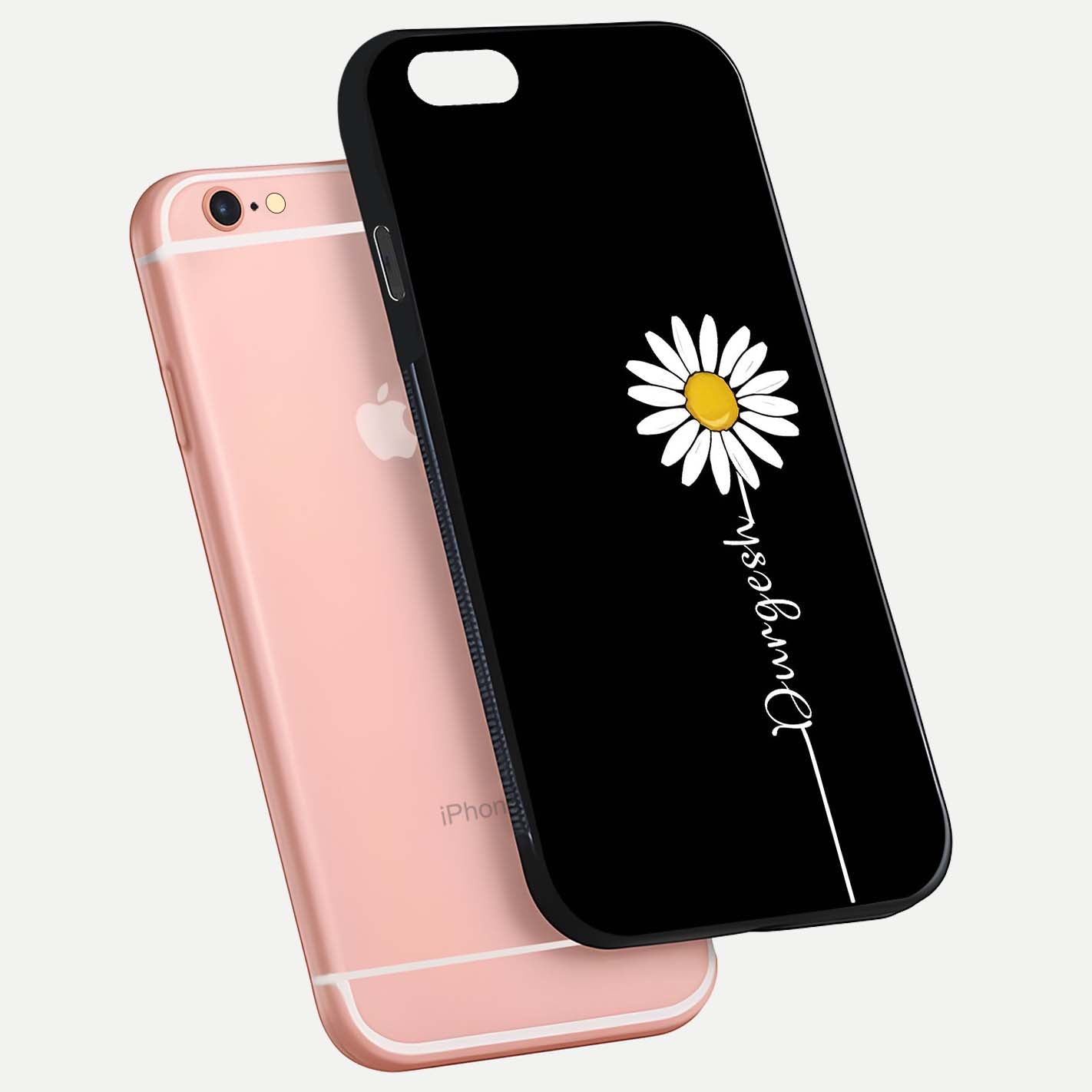 Custom Name White Flower Glass Case for iPhone 6 Plus floating mockup displaying HD gloss and delicate texture