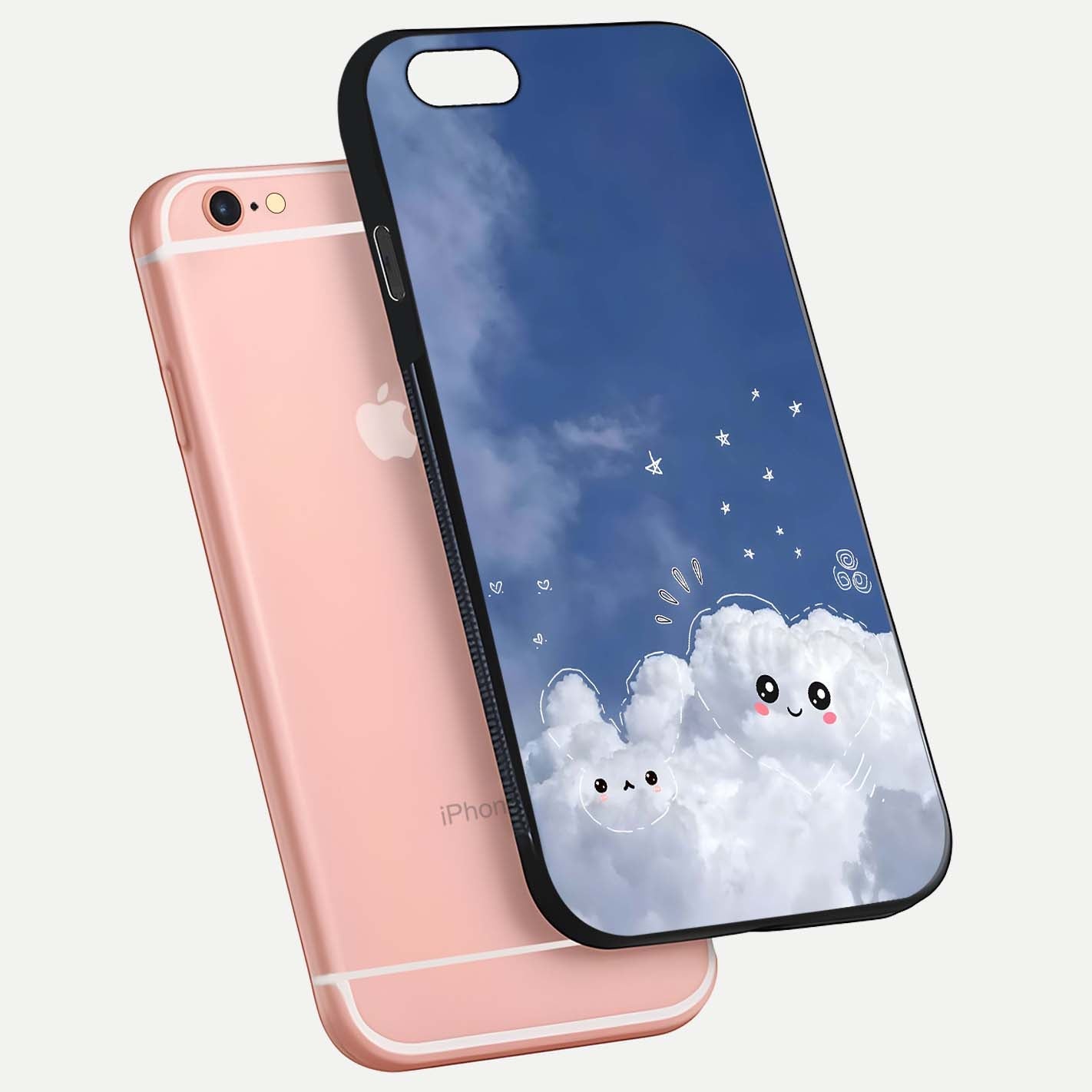 Cute Blossom Cloud Glass Case for iPhone 6 Plus floating mockup showing HD shine and soft gradient finish