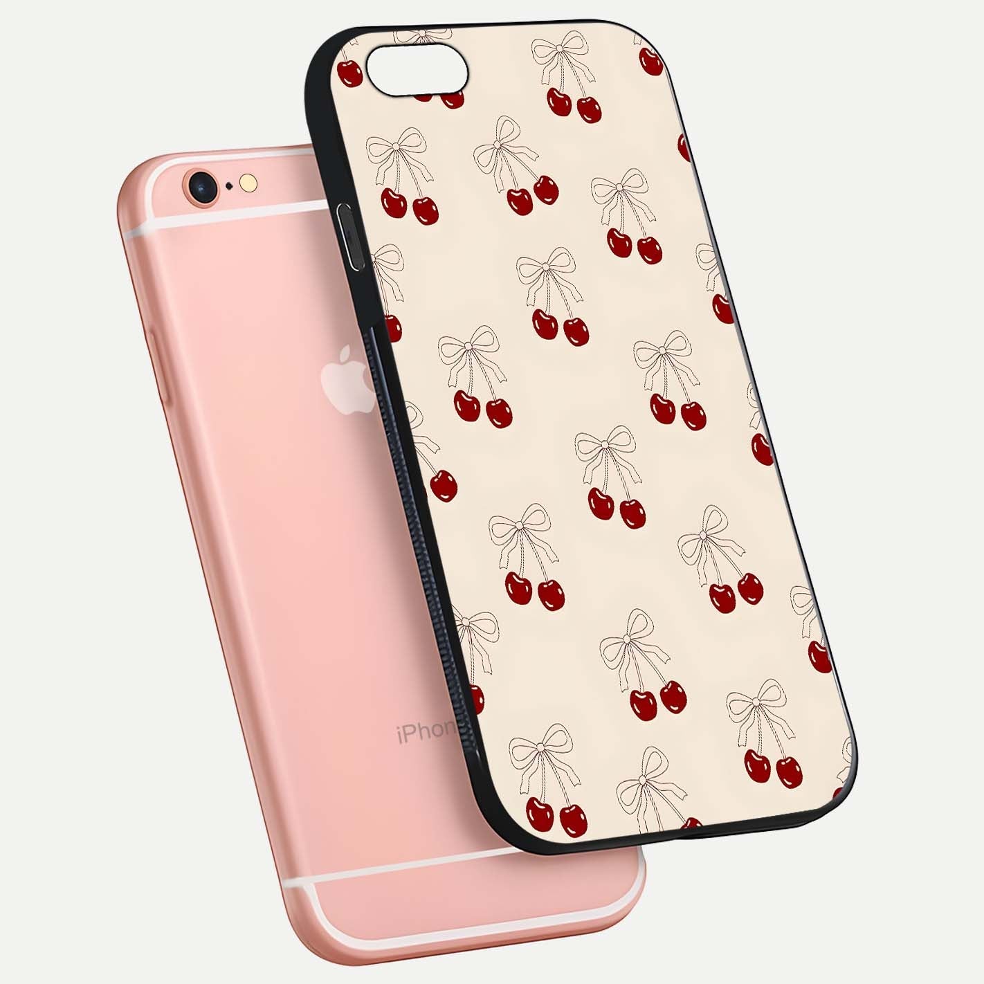 Cute Cherry Pattern Glass Case for iPhone 6 Plus floating mockup showing HD gloss shine and clear tones
