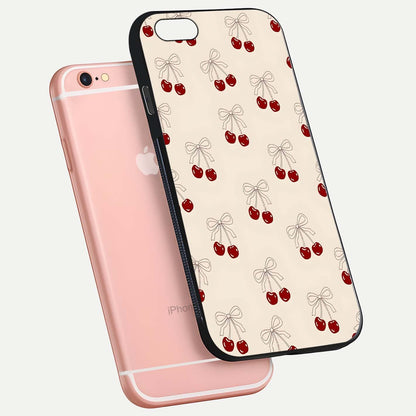 Cute Cherry Pattern Glass Case for iPhone 6 Plus floating mockup showing HD gloss shine and clear tones