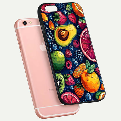 Cute Fruits Art Glass Case for iPhone 6 Plus floating mockup showing gloss brightness and vivid artwork
