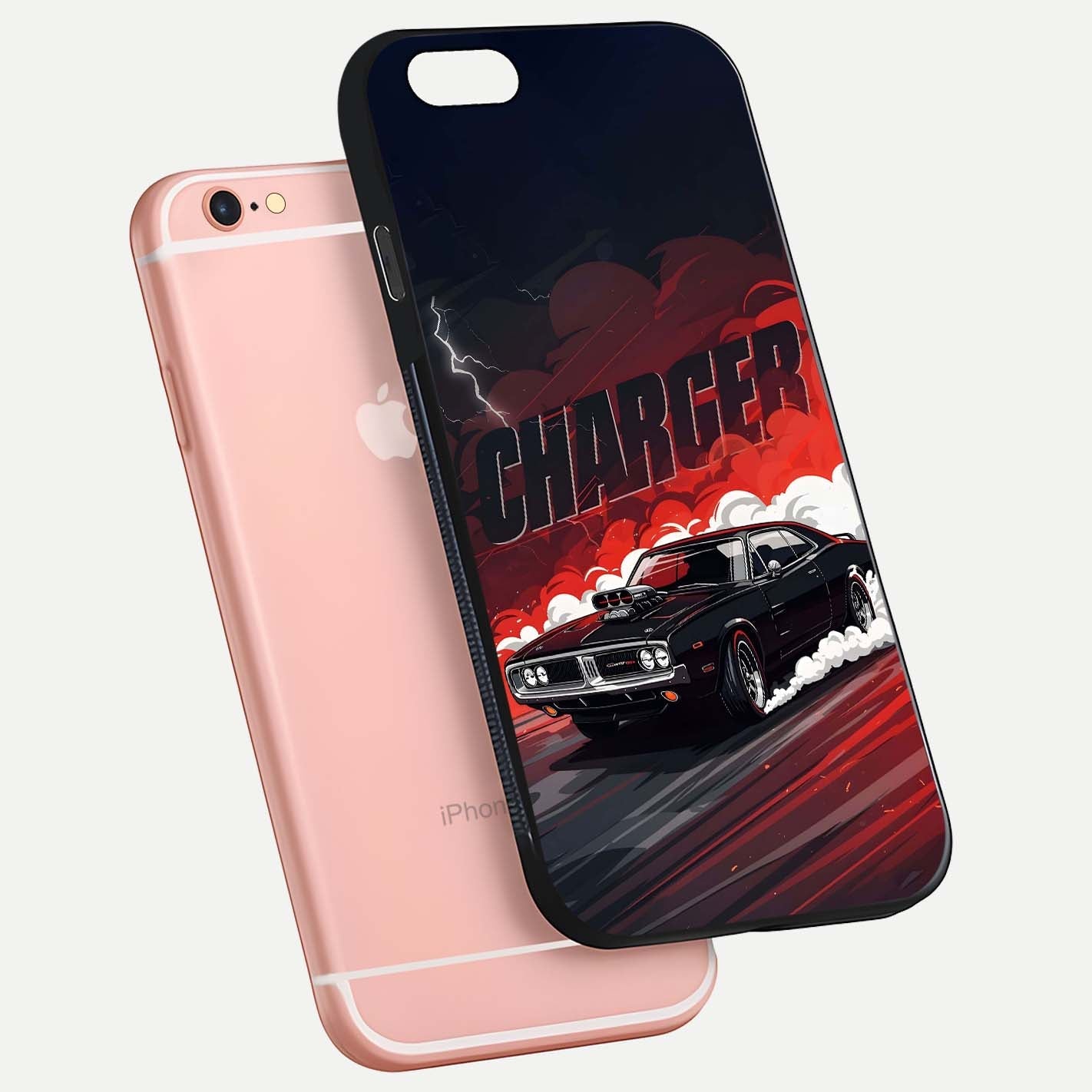 Dark Charger Fury Glass Case for iPhone 6 Plus floating mockup showing reflection depth and shiny surface