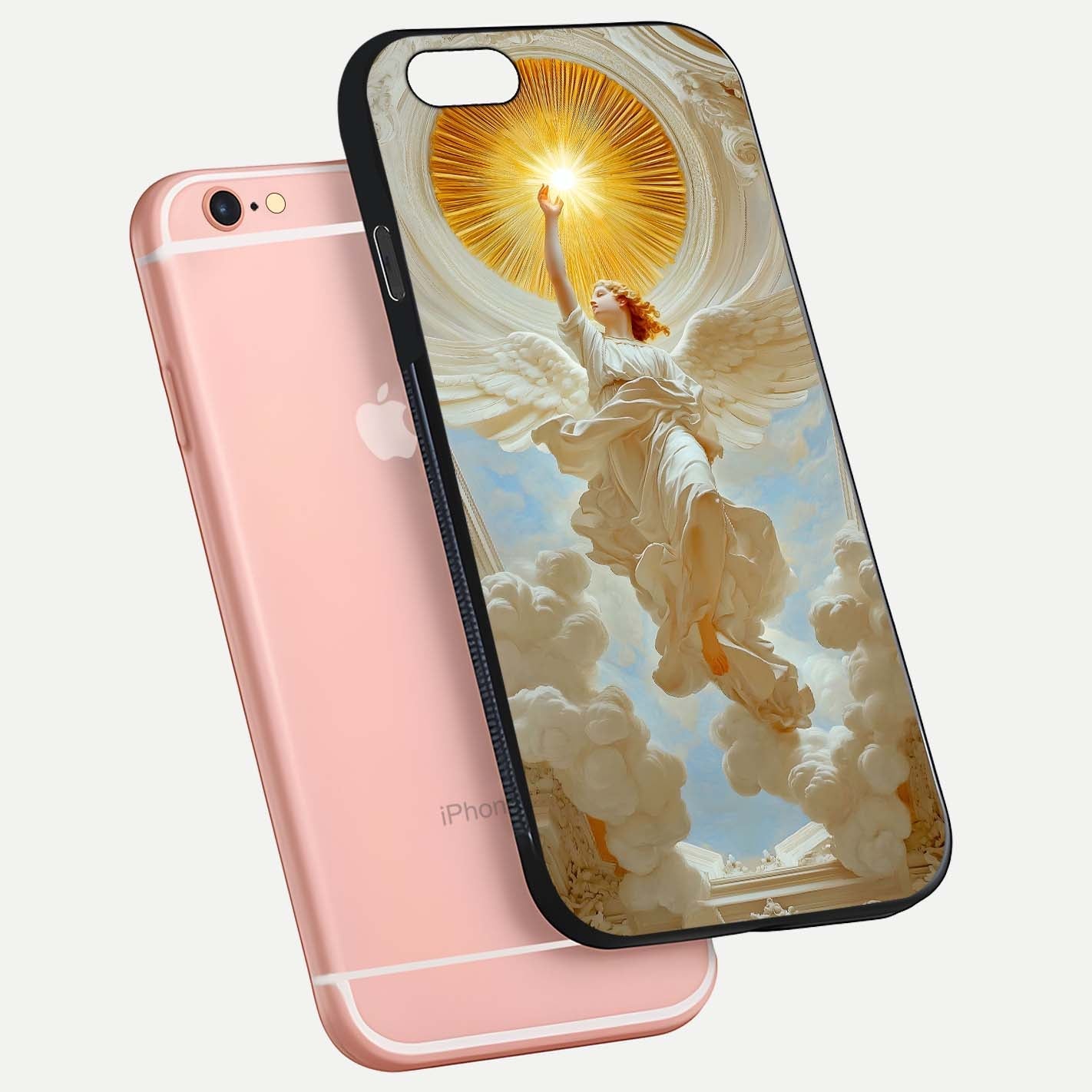 Divine Light Angel Glass Case for iPhone 6 Plus floating mockup showing gloss texture and radiant light