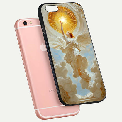 Divine Light Angel Glass Case for iPhone 6 Plus floating mockup showing gloss texture and radiant light