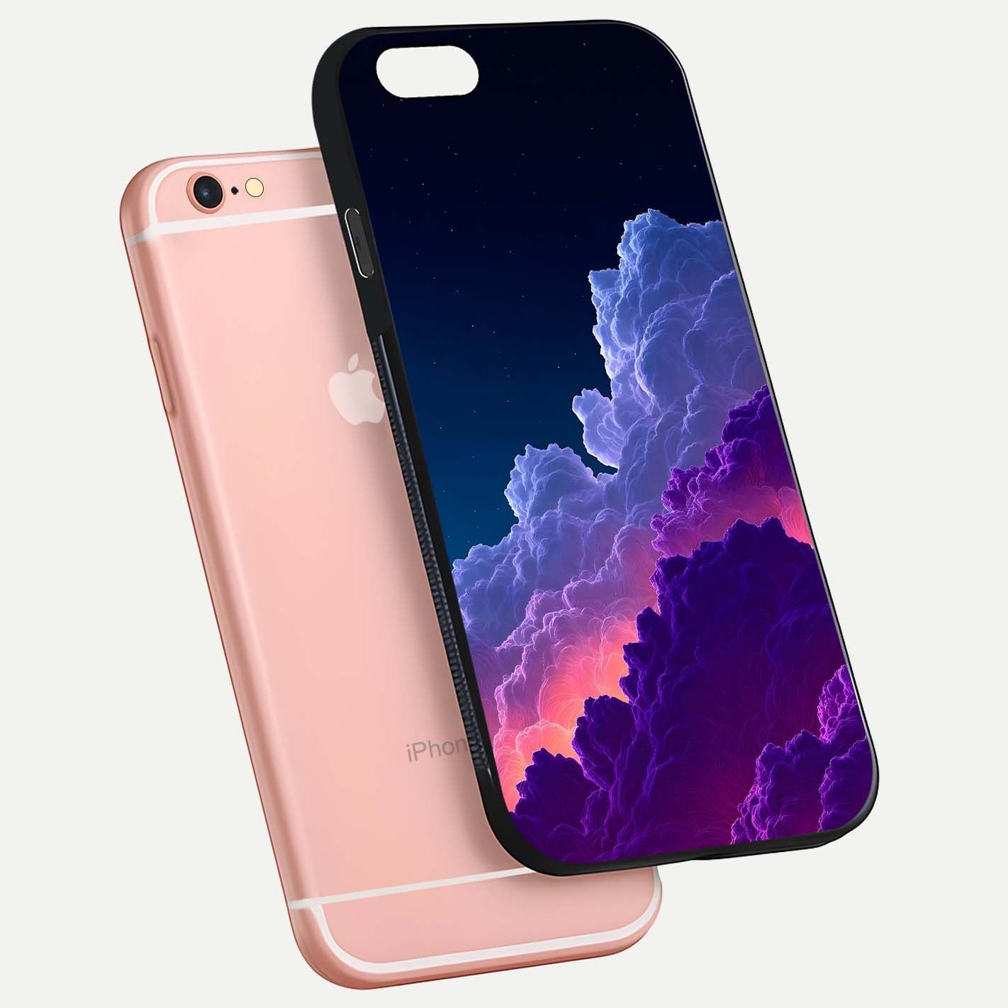 Dreamy Cloud Skies Glass Case for iPhone 6 Plus floating mockup showing glossy depth and delicate tone