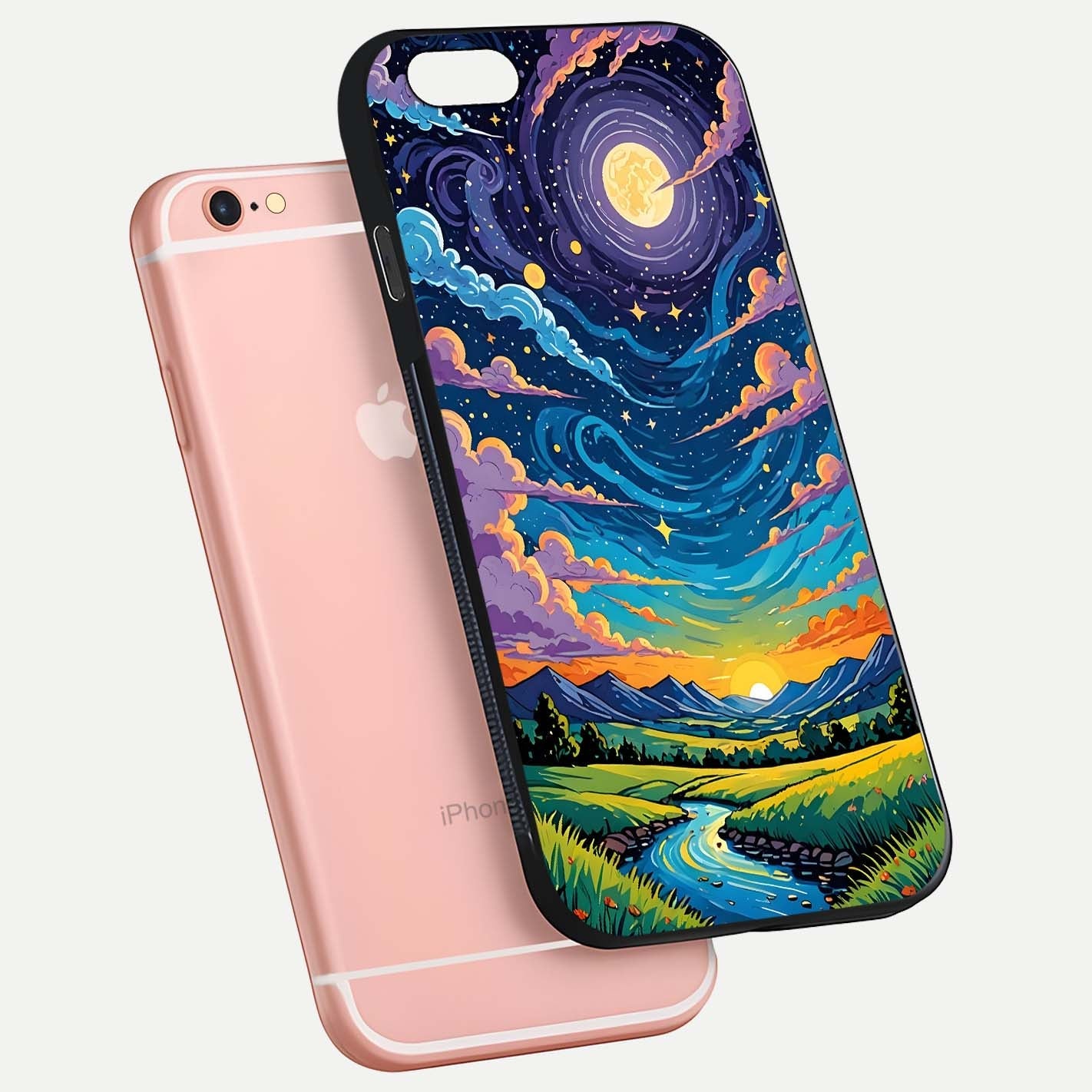 Dreamy Night Landscape Glass Case for iPhone 6 Plus floating mockup showing glossy depth and serene color