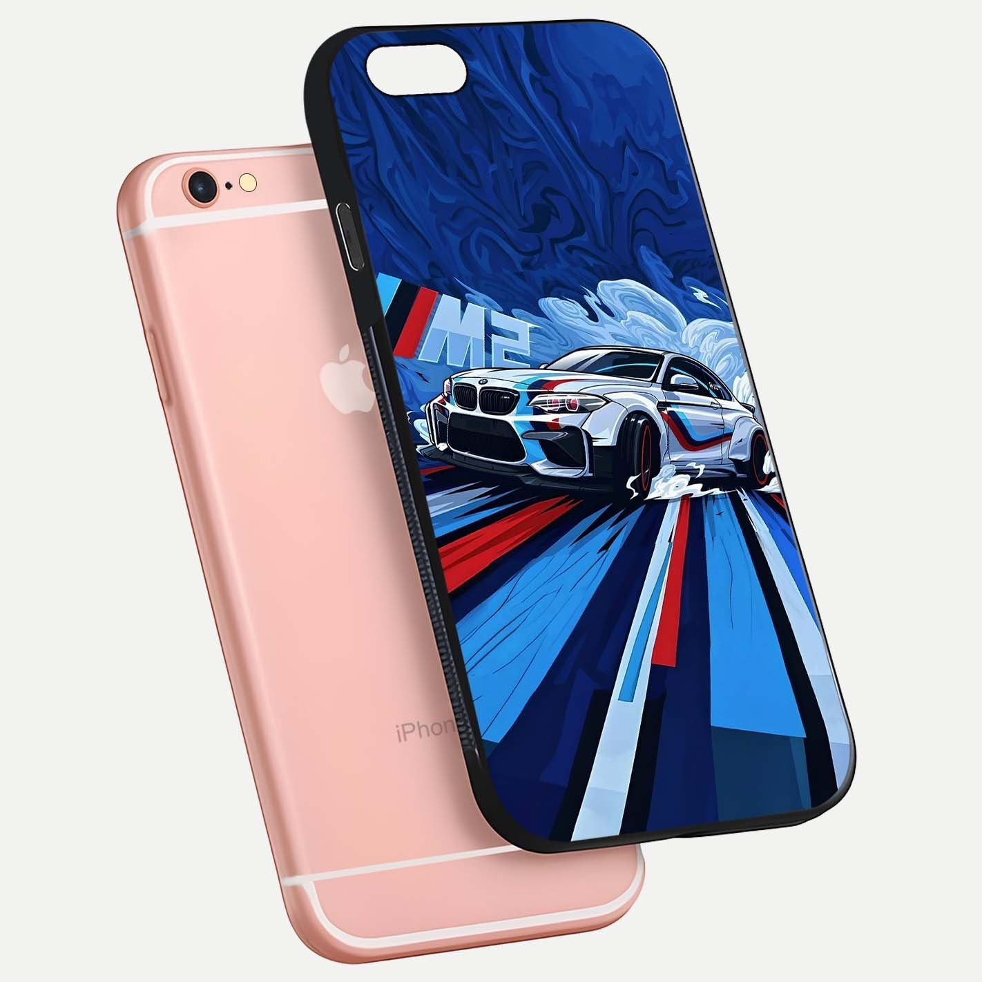 Drift Power Rush Glass Case for iPhone 6 Plus floating mockup showing gloss polish and speed-theme design