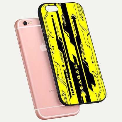 Electric Pulse CYBERPUNK Custom Name Glass Case for iPhone 6 Plus floating mockup showing HD gloss and vibrant cyberpunk glow