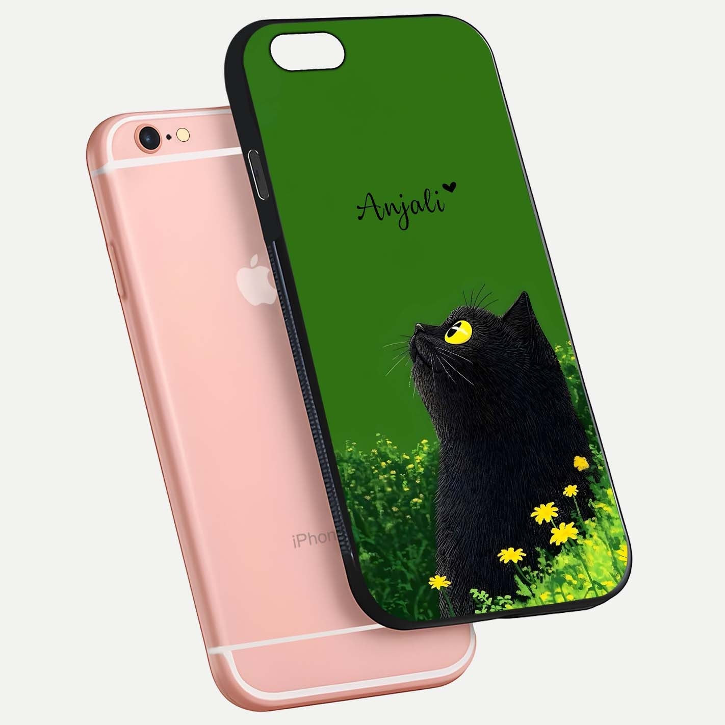 Emerald Cat Custom Name Glass Case for iPhone 6 Plus floating mockup showing HD gloss and soft gradient