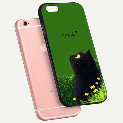 Emerald Cat Custom Name Glass Case for iPhone 6 Plus floating mockup showing HD gloss and soft gradient