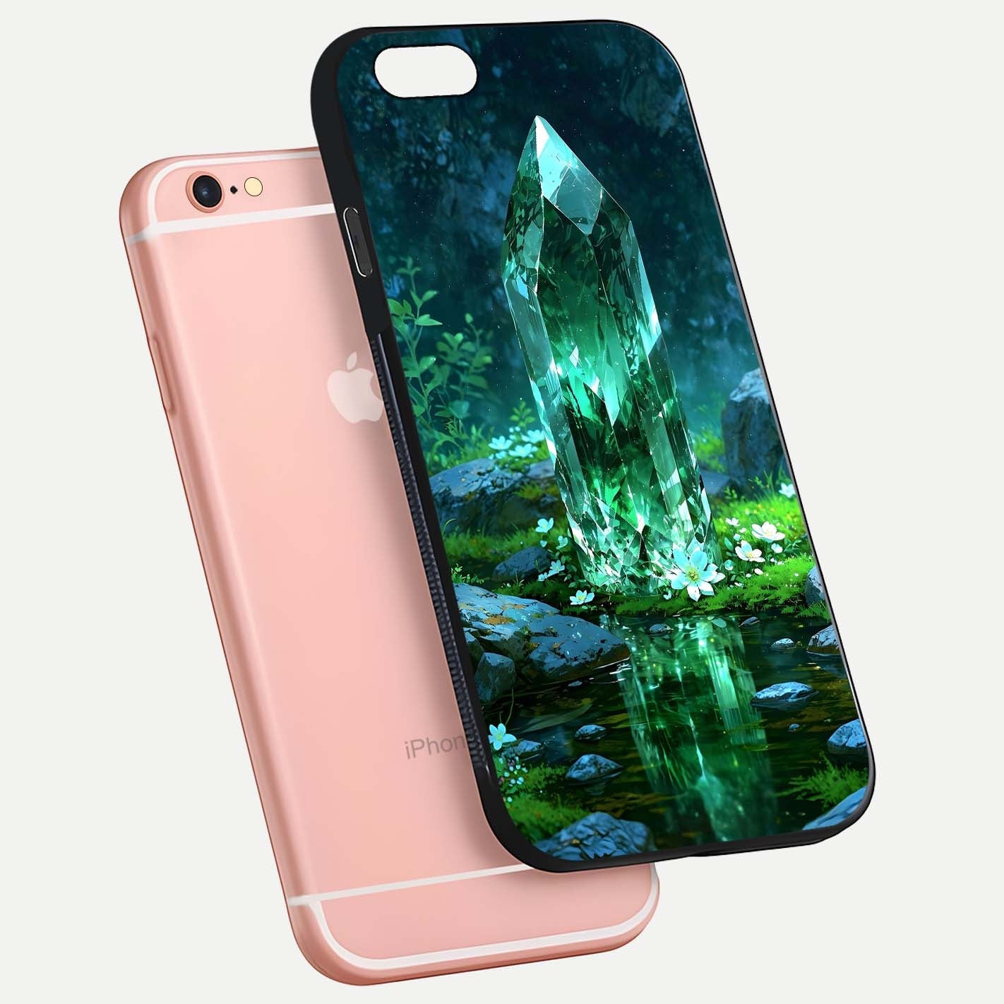 Emerald Light Crystal Glass Case for iPhone 6 Plus floating mockup showing glossy finish and radiant light pattern