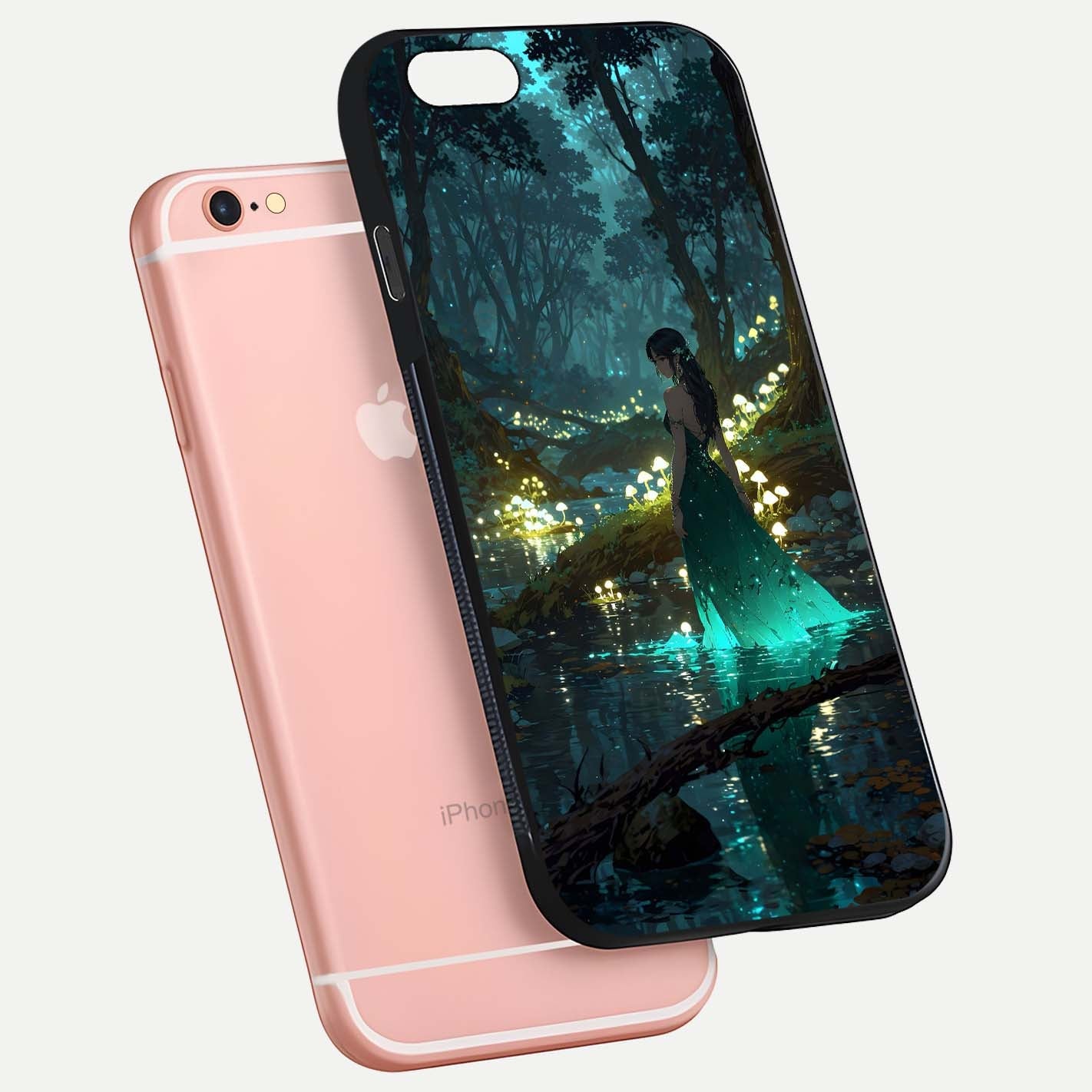 Enchanted Forest Glow Glass Case for iPhone 6 Plus floating mockup showing gloss polish and fantasy vibe
