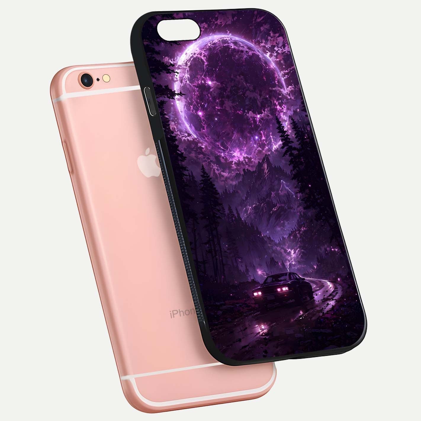 Eternal Cosmic Drive Glass Case for iPhone 6 Plus floating mockup showing glossy polish and vivid glow