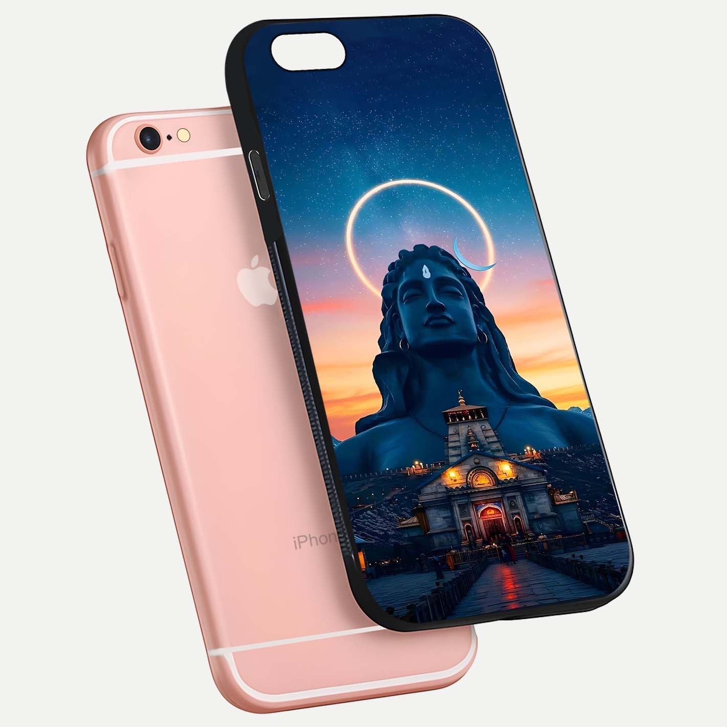 Eternal Shiva Aura Glass Case for iPhone 6 Plus floating mockup showing gloss texture and spiritual glow