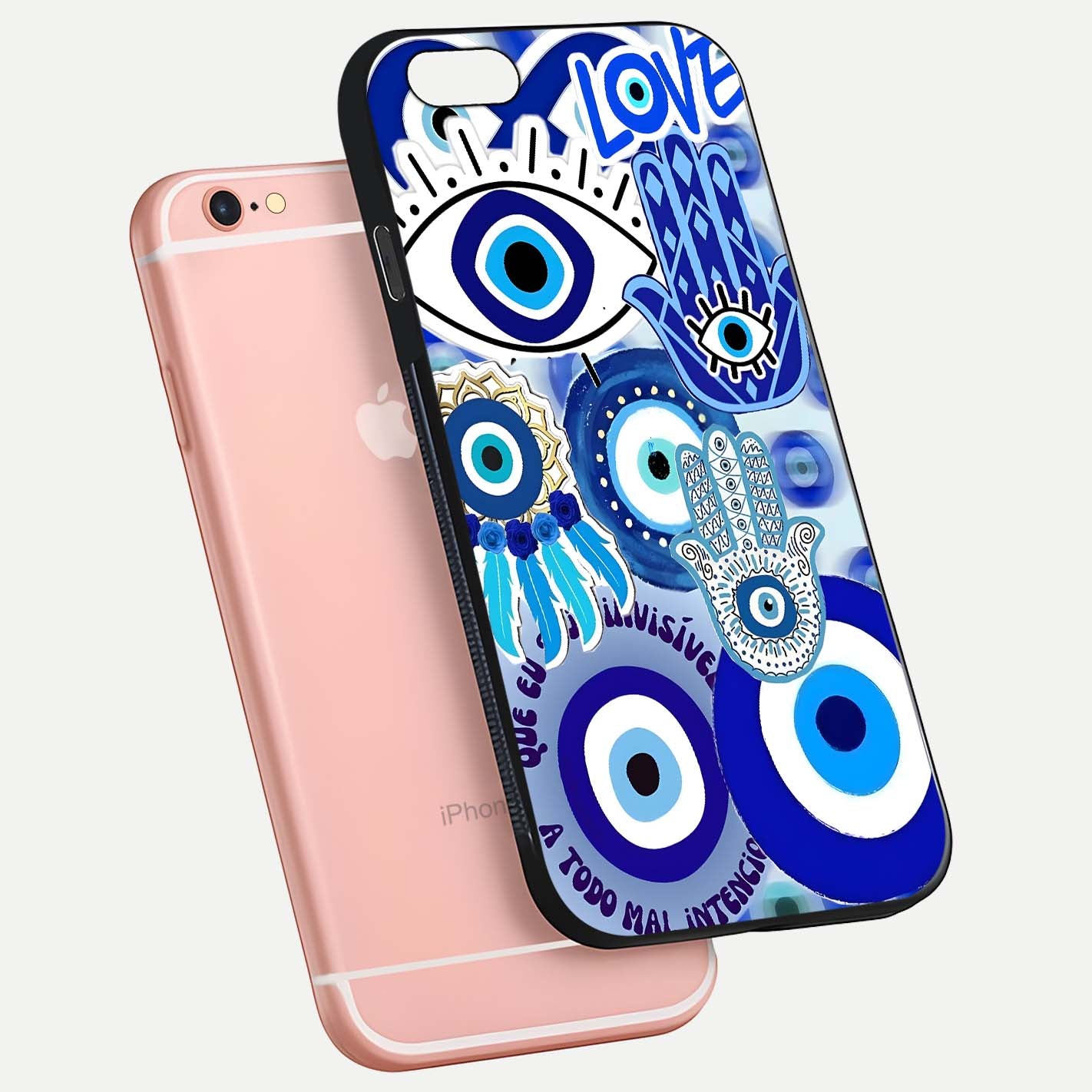 Evil Eyes Dream Glass Case for iPhone 6 Plus floating mockup showing glossy shine and elegant pattern clarity