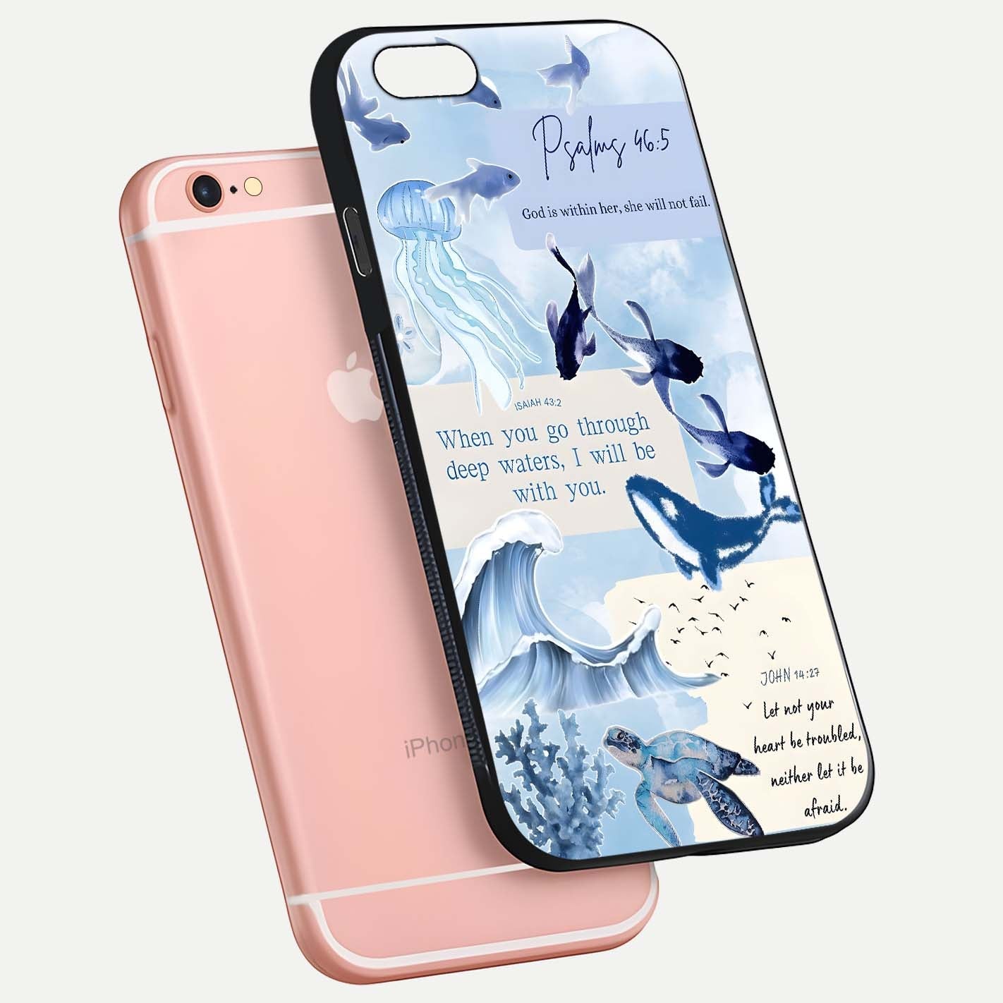 Faithful Ocean Promise Glass Case for iPhone 6 Plus floating mockup displaying glossy surface and vivid depth