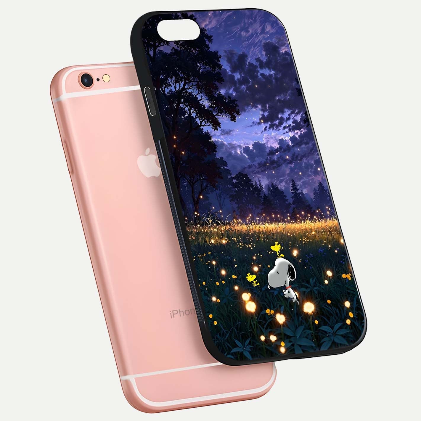 Firefly Meadow Magic Glass Case for iPhone 6 Plus floating mockup showing gloss polish and magical night hues