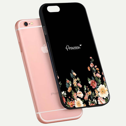 Floral Design Personalized Custom Name Glass Case for iPhone 6 Plus floating mockup showing reflection polish and vivid colors