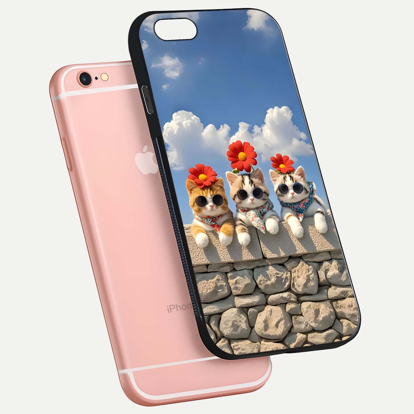 Floral Kitty Squad Glass Case for iPhone 6 Plus floating mockup showing gloss texture and playful charm