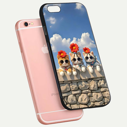 Floral Kitty Squad Glass Case for iPhone 6 Plus floating mockup showing gloss texture and playful charm