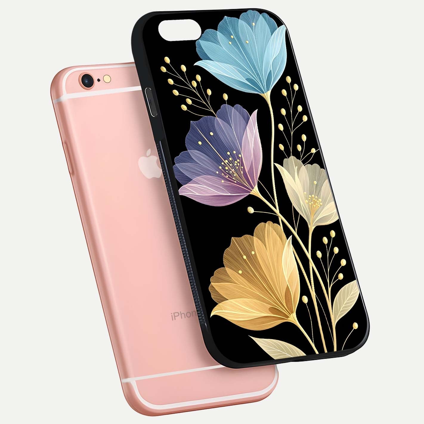 Flower Bloom Glow Glass Case for iPhone 6 Plus floating mockup showing HD shine and artistic detail