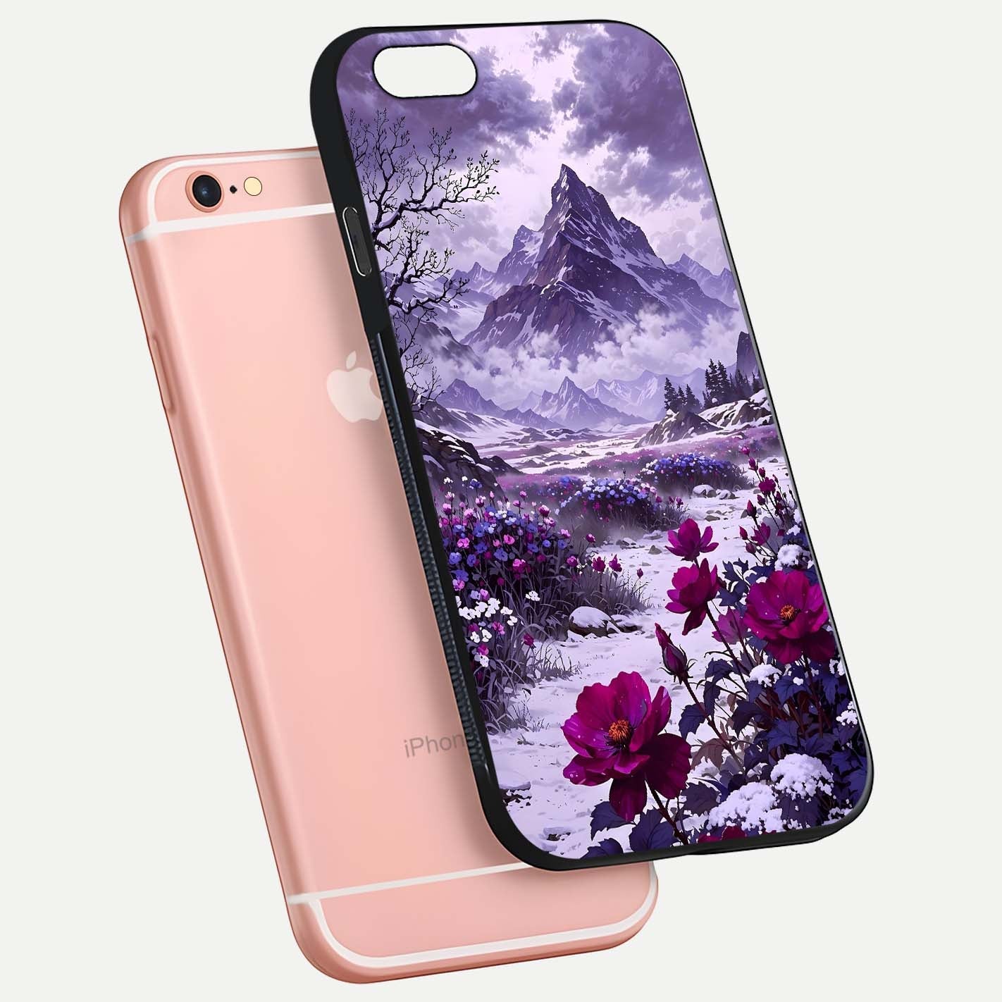 Flower Mountain View Glass Case for iPhone 6 Plus floating mockup showing reflection glow and artistic clarity