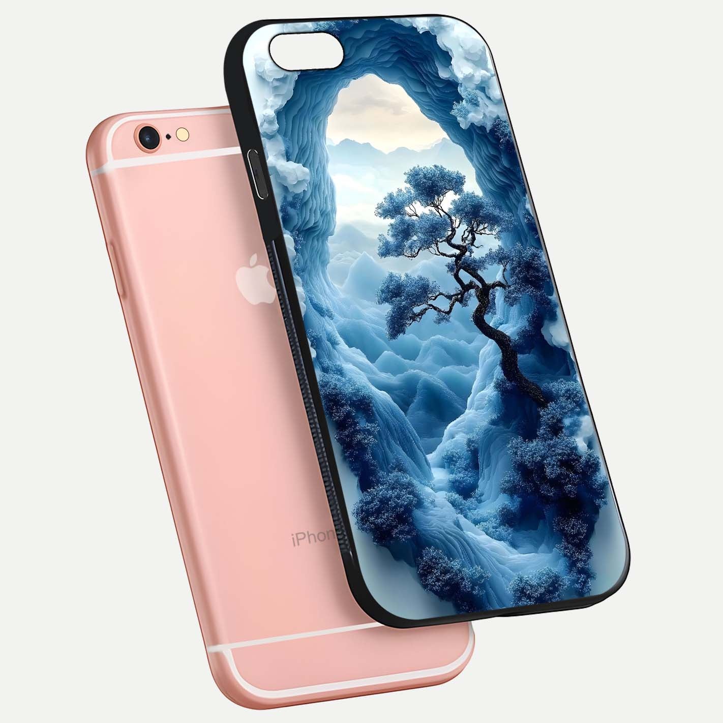 Frozen Serenity Gate Glass Case for iPhone 6 Plus floating mockup showing glossy depth and crystal glow