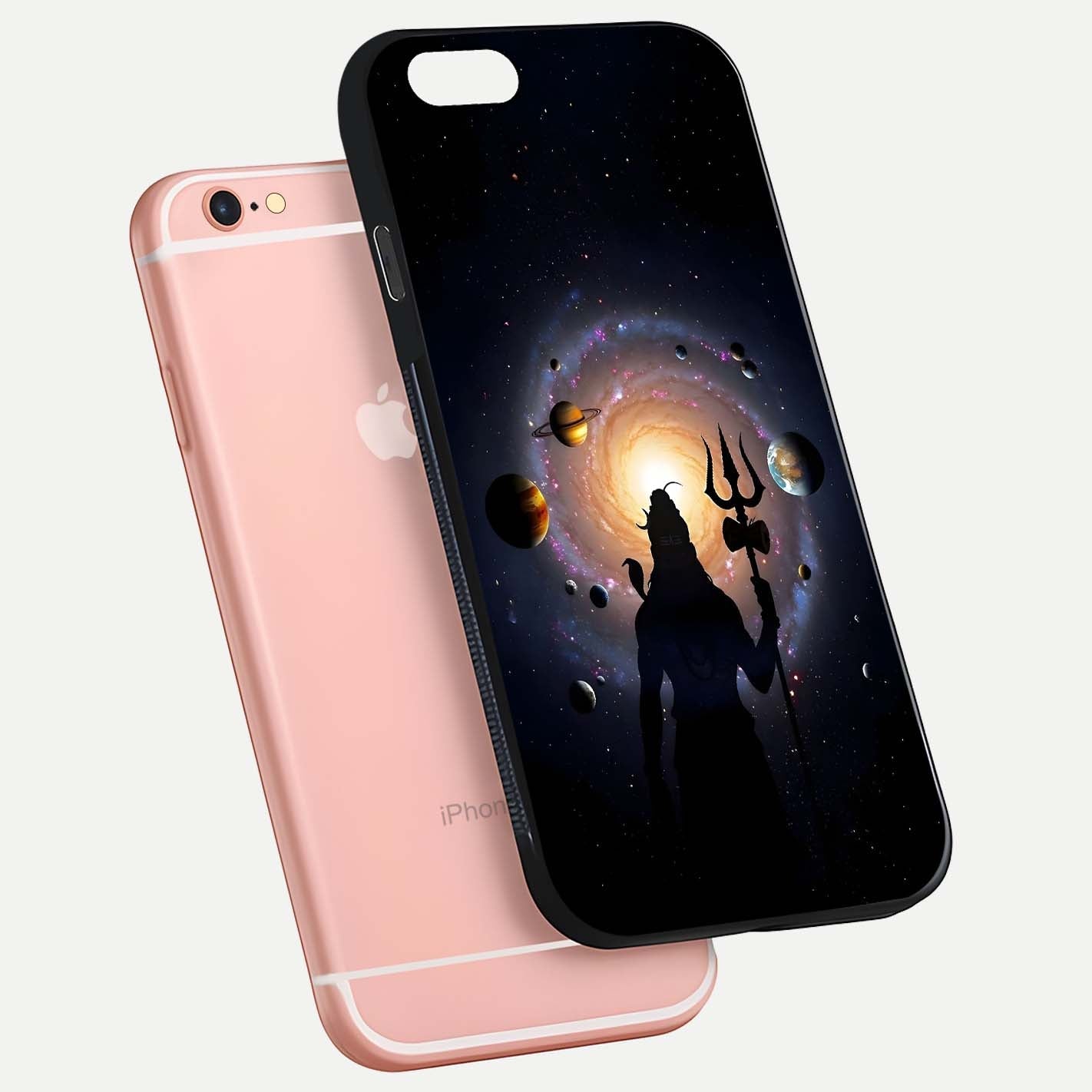 Galactic Shiva Vision Glass Case for iPhone 6 Plus floating dual-view mockup displaying vibrant cosmic colors and smooth gloss texture