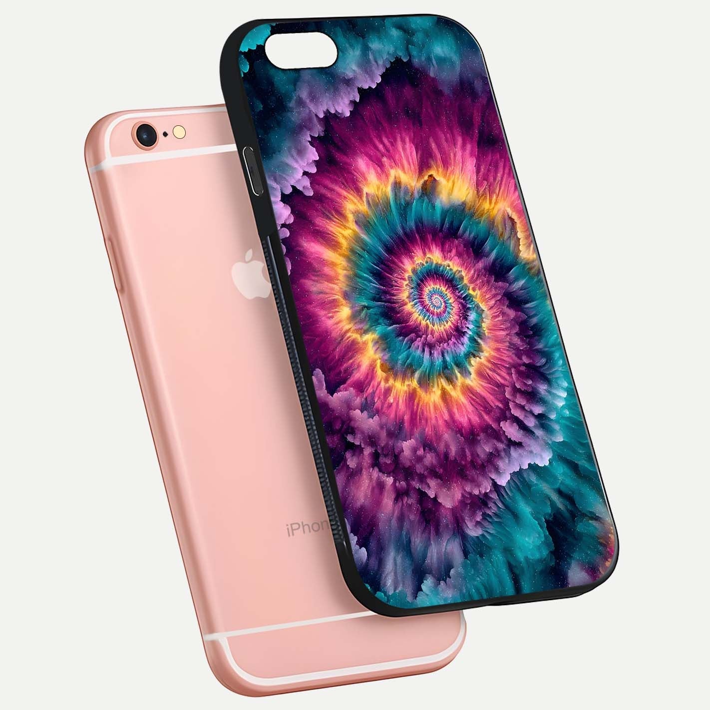 Galactic Spiral Burst Glass Case for iPhone 6 Plus floating dual-view mockup displaying light trails and smooth gloss shine