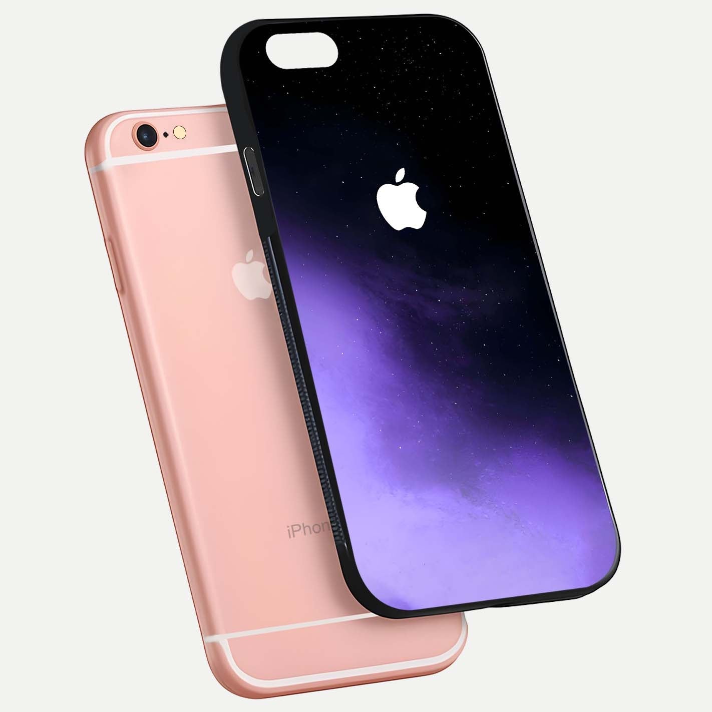 Galaxy Apple Aura Glass Case for iPhone 6 Plus floating dual-view mockup highlighting HD gloss and deep space color blend