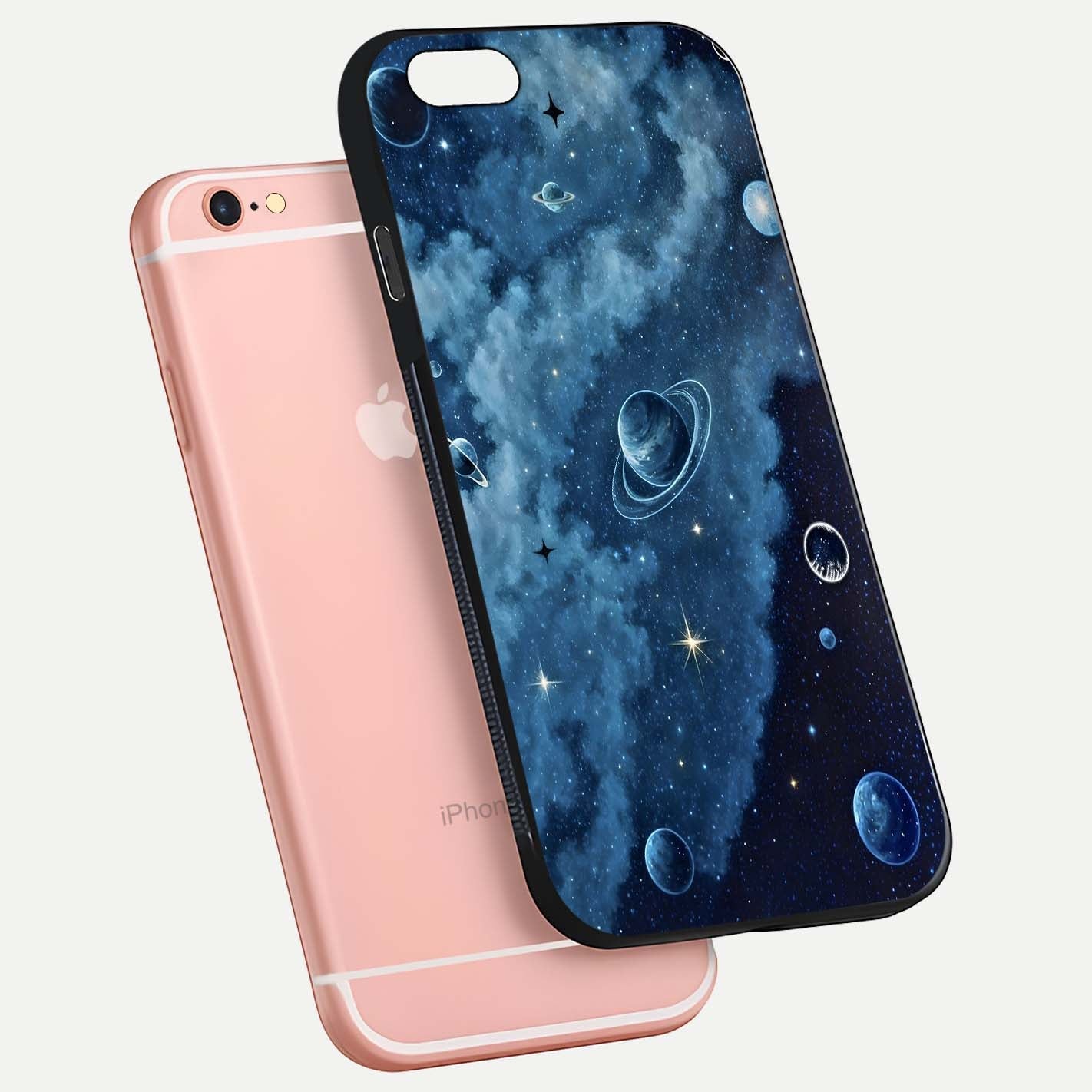 Galaxy Dream Space Glass Case for iPhone 6 Plus floating dual-view mockup showing glossy finish and celestial depth