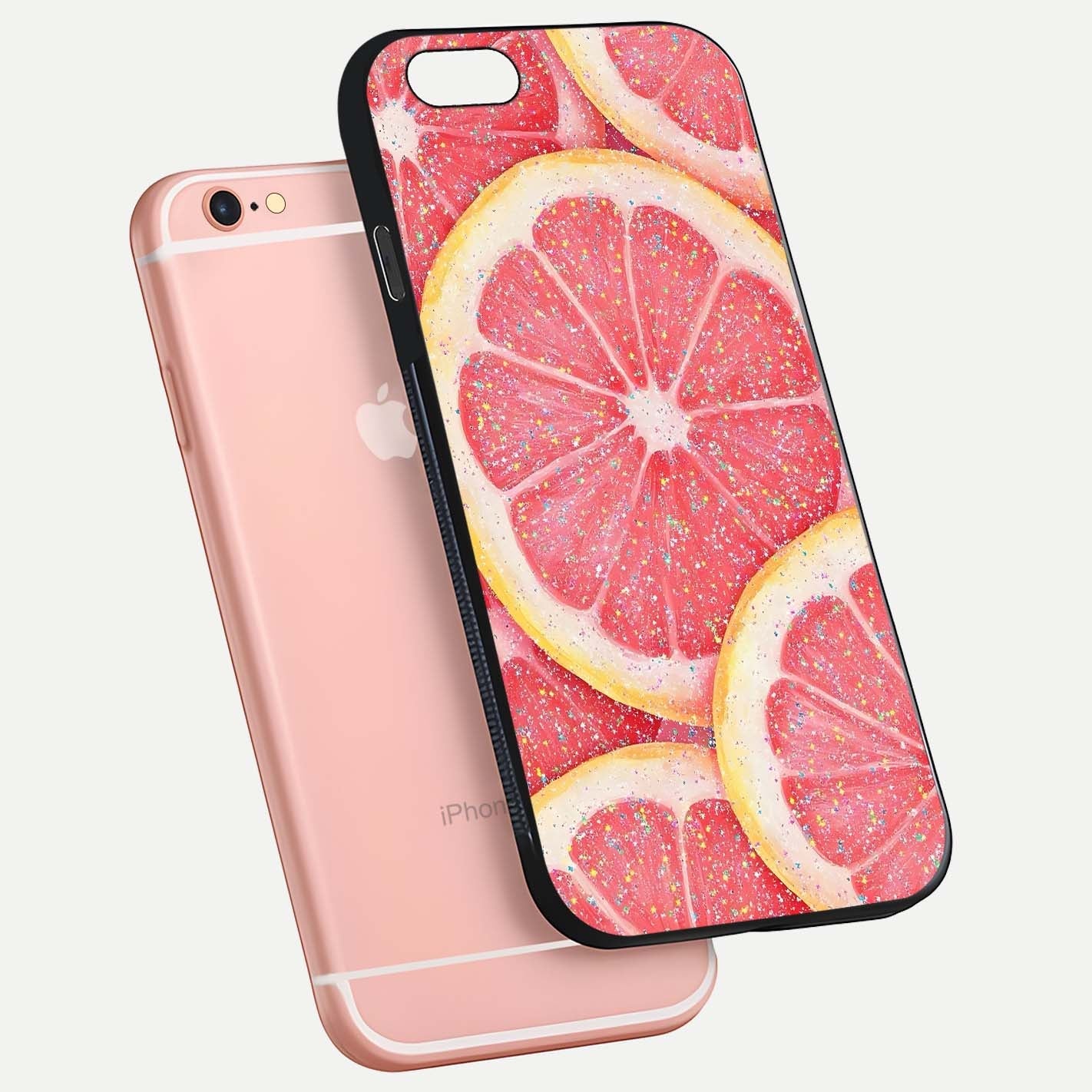 Glitter Grapefruit Glass Case for iPhone 6 Plus floating dual-view mockup showing HD gloss and fresh color detail