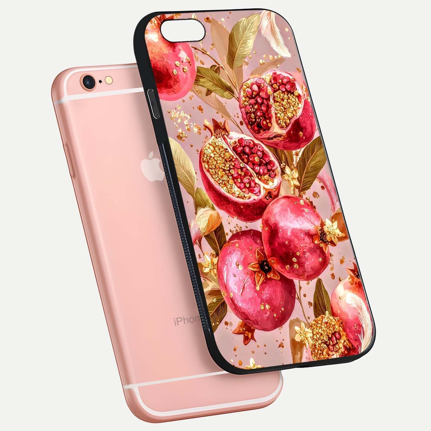 Golden Bloom Glow Glass Case for iPhone 6 Plus floating dual-view mockup showing glossy shine and golden shimmer