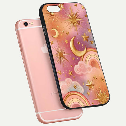 Golden Celestial Dreams Glass Case for iPhone 6 Plus floating dual-view mockup showing gloss surface and dream-like glow