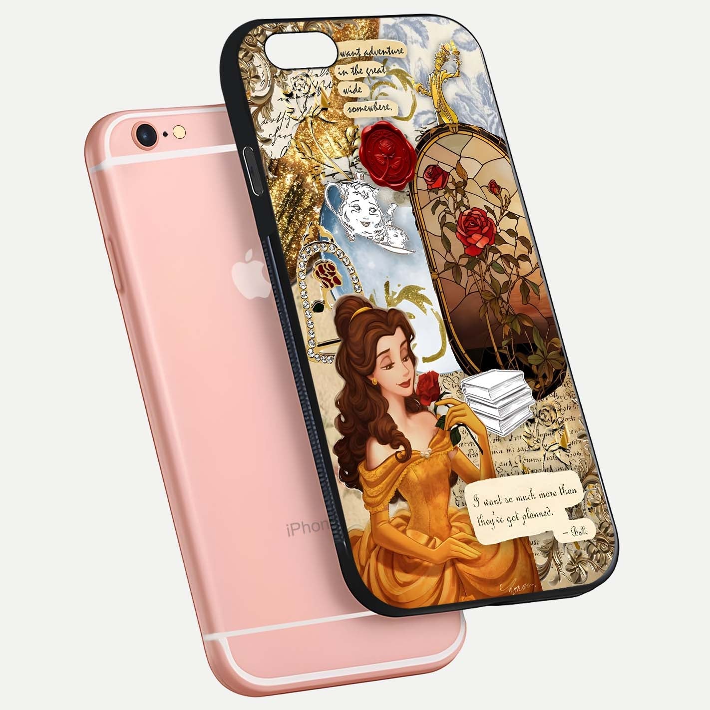 Golden Dream Belle Glass Case for iPhone 6 Plus floating dual-view mockup highlighting gloss texture and elegant shimmer